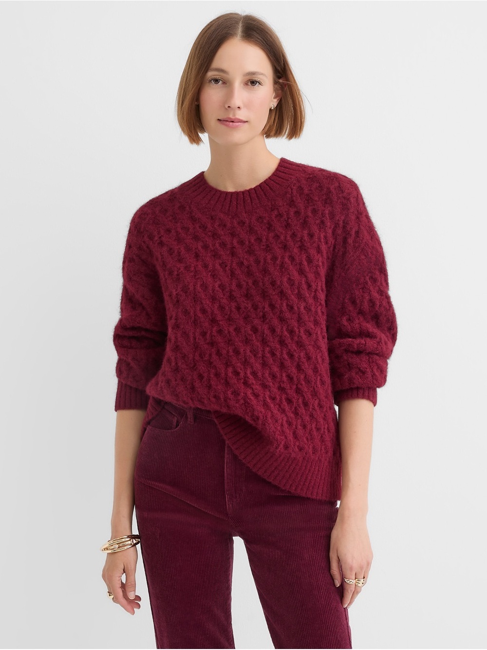 LOFT Cable-Knit Crewneck Sweater Wine Burgundy Large Women’s
